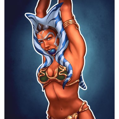 star wars, ahsoka tano, slave leia (cosplay), togruta, perilchaser, 1girls, alien, alien girl, angry, armpits, arms above head, arms up, athletic, ball gag, belly dancer