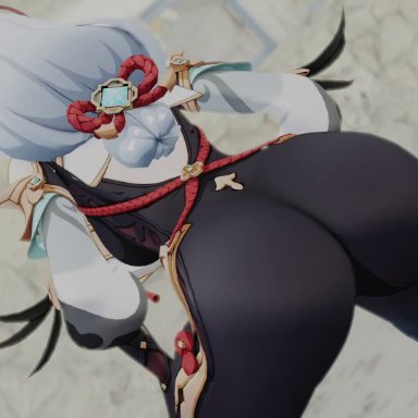 genshin impact, shenhe (genshin impact), kishi, kishi3d, 1girl, ass, ass focus, ass shake, bodysuit, breasts, from behind, hair ornament, huge ass, jiggle, long hair