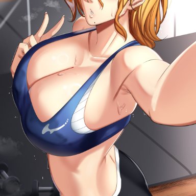 bleach, matsumoto rangiku, castell, 1girls, after exercise, alternate hair length, alternate hairstyle, armpits, ass, athletic, athletic female, bare arms, bare midriff, bare shoulders, beauty mark