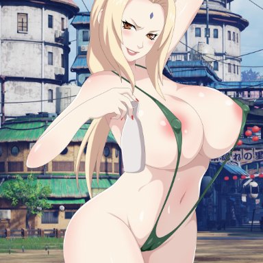 naruto, naruto (series), naruto shippuden, tsunade, chrisfv, adapted costume, almost naked, arm behind head, arm up, big breasts, blush, breasts, cleavage, curvaceous, curvy