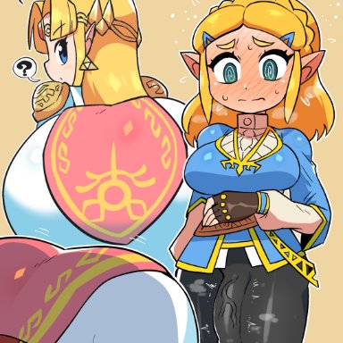 a link between worlds, breath of the wild 2, the legend of zelda, princess zelda, zelda (a link between worlds), zelda (breath of the wild), crap-man, 1futa, 1girls, ass, back view, bent over, big ass, big penis, blush