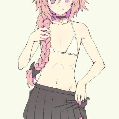 fate/apocrypha, fate/grand order, fate (series), astolfo (fate), pas (paxiti), 1boy, bow, bra, braid, choker, clothing, crossdressing, fangs, femboy, hair between eyes