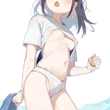 nintendo, pokemon, pokemon dppt, akari (pokemon), dawn (pokemon), 1girls, areola, bikini, bikini aside, bikini bottom, bikini top, black hair, blue hair, blush, blushed