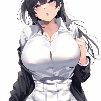 love live!, yuuki setsuna (love live!), yamasonson, 1girls, big breasts, black hair, blue eyes, breasts, busty, female, female only, grey eyes, hand on breast, large breasts, looking at viewer