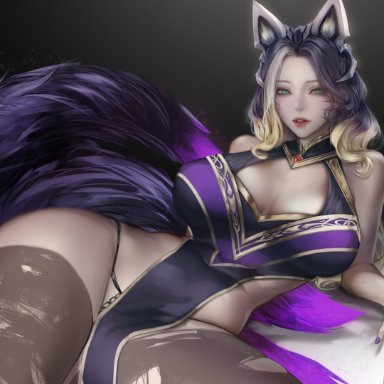 league of legends, riot games, ahri, coven ahri, vastaya, lohel, 9 tails, alternate costume, alternate hair color, alternate hairstyle, animal ear fluff, animal ears, animal girl, big breasts, black hair