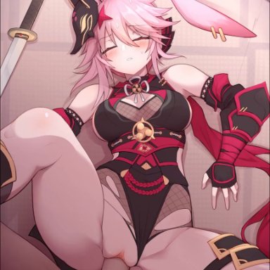 honkai (series), honkai impact 3rd, yae sakura, yae sakura (darkbolt jonin), waero, 1girls, 3boys, animal ears, ass, ass visible through thighs, bare shoulders, blue eyes, blush, bow, breasts