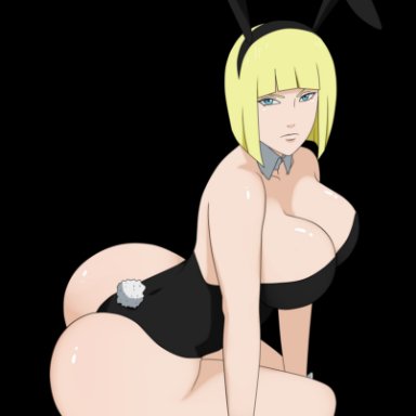 naruto, naruto shippuden, samui, cristalmanor, 1girls, animal ears, ass, big ass, black background, blonde hair, blue eyes, bob cut, breasts, bunny ears, bunny tail