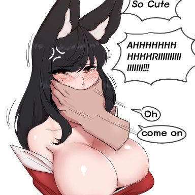 league of legends, riot games, ahri, vastaya, yabby, 9 tails, animal ear fluff, animal ears, animal girl, big breasts, black hair, breasts, busty, cleavage, clothing