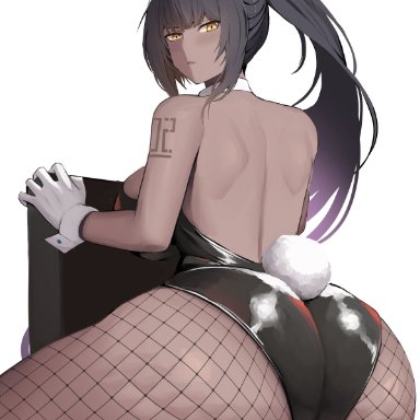 blue archive, karin (blue archive), ethan69 (artist), 1girls, ass, ass focus, ass shot, black hair, black leotard, breasts, brown skin, bunny ears, bunny girl, bunny tail, bunnysuit