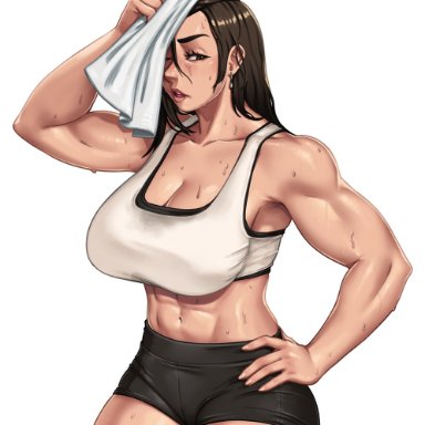 final fantasy, tifa lockhart, abs, big breasts, bike shorts, crop top, muscles, muscular, muscular female, sweat, thick thighs, towel, towel on head