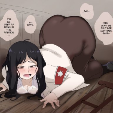 attack on titan, pieck finger, lightsource, 1girls, all fours, black hair, breasts, cleavage, female, female only, imminent sex, solo, suggestive, absurd res, english text