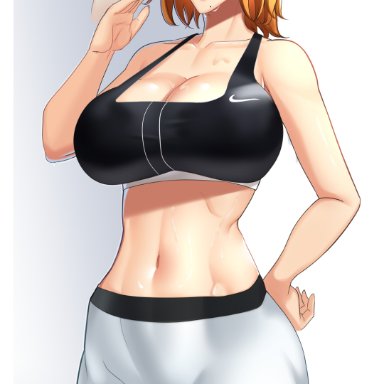 bleach, matsumoto rangiku, castell, 1girls, after exercise, alternate hair length, alternate hairstyle, armpits, ass, athletic, athletic female, bare arms, bare midriff, bare shoulders, beauty mark