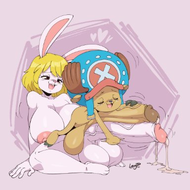 one piece, carrot (one piece), tony tony chopper, joaoppereiraus, 1boy, 1futa, anthro, areolae, balls, big balls, big breasts, big penis, big testicles, blonde hair, breasts