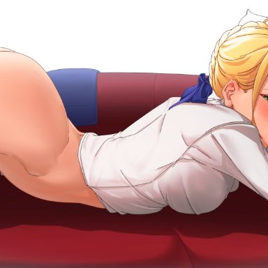 fate/stay night, fate (series), artoria pendragon (fate), saber, arched back, ass, blonde hair, blue ribbon, blush, bottomless, braid, breasts, closed mouth, couch, eyebrows visible through hair