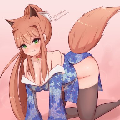 doki doki literature club, fox, theartistaurora, 4 ears, :3, all fours, animal ears, anthro, ass up, bare shoulders, bell, bent knees, bent legs, bent over, big breasts