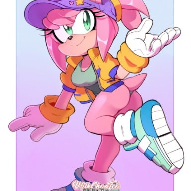 sonic (series), amy rose, kaijumilk, milkchaotea, alternate costume, ass, big hands, footwear, gloves, hat, jacket, no pants, panties, shoes