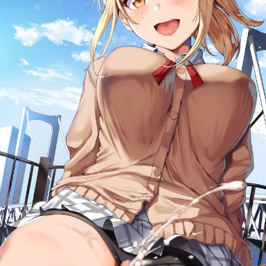 love live!, miyashita ai, belko, 1boy, 1girls, amber eyes, blonde hair, cum, cum on lower body, faceless male, female, fully clothed, happy, looking at viewer, male