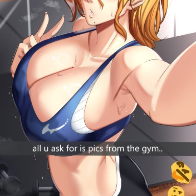bleach, snapchat, matsumoto rangiku, castell, 1girls, after exercise, alternate hair length, alternate hairstyle, armpits, ass, athletic, athletic female, bare arms, bare midriff, bare shoulders