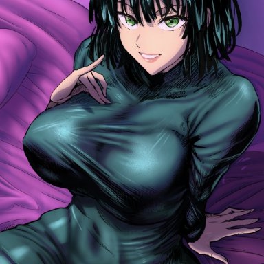 one-punch man, fubuki (one-punch man), daraz18aka, 1girls, bed, belly, belly button, big breasts, breasts, curvy, curvy female, curvy figure, dark green hair, dark hair, dress