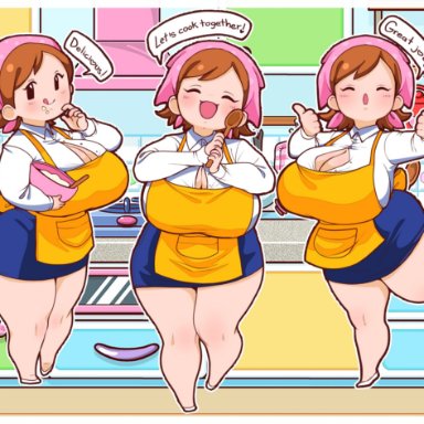 cooking mama, mama (cooking mama), niucniuc, 1girls, apron, batter, blush, blushing, bowl, brown hair, chubby, cleavage, curvy, drawer, eyebrows