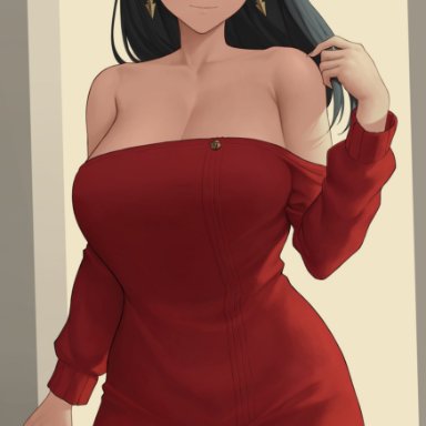 spy x family, yor briar, zaphn, 1girls, alternate hairstyle, black hair, blush, breasts, clothed, clothed female, female, female only, hair down, hips, large breasts
