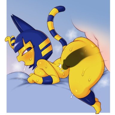 animal crossing, nintendo, ankha, saltyxodium, 1boy, 1girls, anthro, ass, big ass, big breasts, big butt, blue eyes, blue hair, blush, breasts