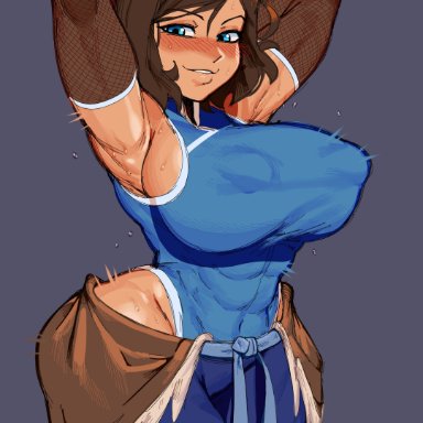 avatar the last airbender, nickelodeon, the legend of korra, korra, nezulet, 1girls, abs, alternate breast size, armpits, arms behind head, big breasts, blue eyes, blush, breasts, breasts bigger than head