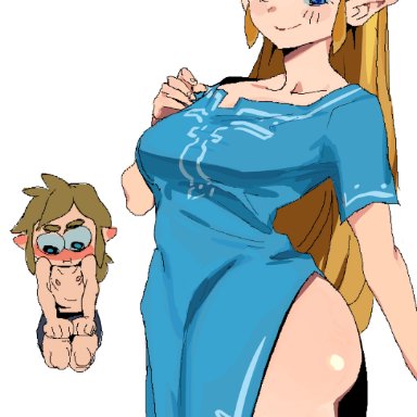 breath of the wild, the legend of zelda, link, princess zelda, zelda (breath of the wild), whoopsatro, 1boy, 1girls, ass, blonde hair, blue eyes, champion's tunic, female, long hair, looking at viewer