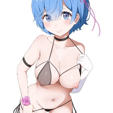 rem (re:zero), coro fae, 1girls, blue eyes, breasts, breasts outside, embarrassed, light-skinned female, light blue hair, light skin, lingerie, lingerie only, looking at viewer, medium breasts, nipples
