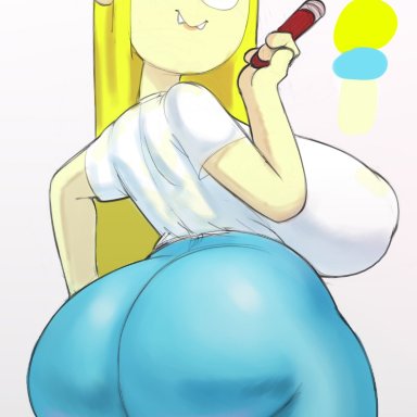 original, 1girls, areola bulge, ass, back view, big ass, big breasts, blonde hair, blue pants, breasts, bubble ass, bubble butt, cartoony, clothed, clothing