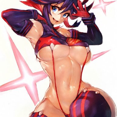 kill la kill, matoi ryuuko, fumio (rsqkr), 1girls, blue eyes, breasts, female, female only, large breasts, looking at viewer, multicolored hair, pose, solo, thick thighs, thighhighs