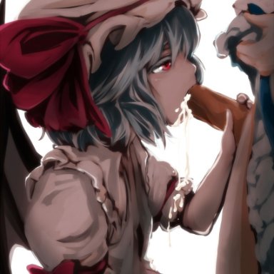 touhou, remilia scarlet, sakuya izayoi, aoiro8go, 1futa, 1girls, blue hair, bodily fluids, clothed, clothes lift, clothing, cum, cum in mouth, cum inside, cum on clothes