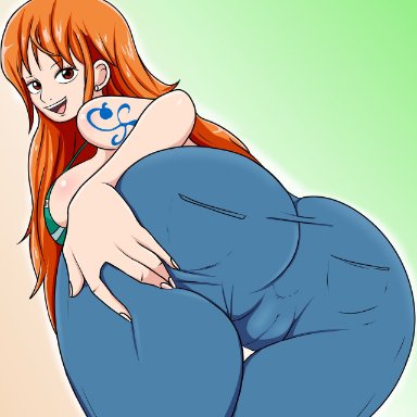 one piece, nami, blaze (artist), ass focus, bent over, big ass, big breasts, cameltoe, hand on ass, jeans, long hair, looking at viewer, looking back, orange hair, presenting hindquarters