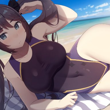 genshin impact, mona (genshin impact), samegami, 1girls, alternate breast size, beach, black hair, breasts, female, female only, hair ornament, hips, large breasts, long hair, looking at viewer