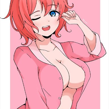 doki doki literature club, mizumori, 1girls, big breasts, blue eyes, breasts, eye contact, female, female focus, female only, hair ribbon, looking at viewer, one eye closed, short hair, solo