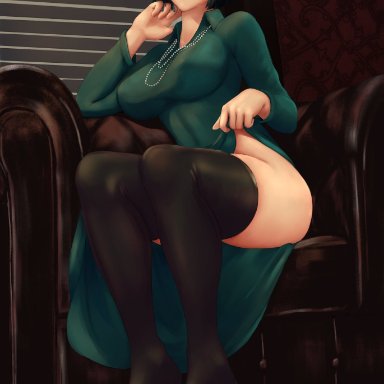 one-punch man, fubuki (one-punch man), oppaiserothicc, 1girls, big breasts, blush, blushing, boots, breasts, clothed, clothing, couch, cute, dark green hair, dark hair