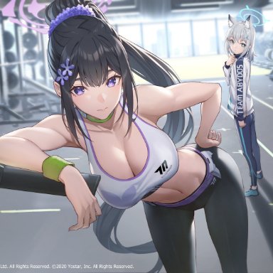 blue archive, shiroko (blue archive), sumire (blue archive), 2girls, armpit, armpits, bare arms, bare shoulders, bent over, big breasts, black hair, black pants, breasts, choker, cleavage