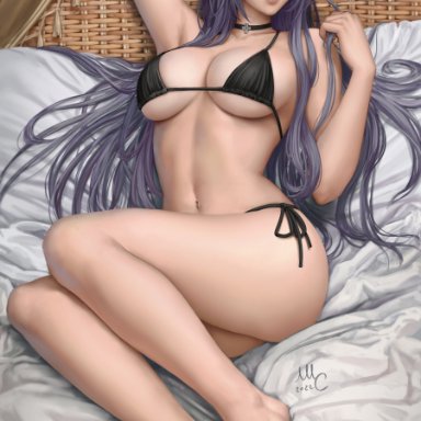 azur lane, august von parseval (azur lane), sciamano240, 1girls, arm up, bangs, bare arms, bare legs, bare shoulders, bare skin, bare thighs, barefoot, bed, bedroom, bedroom setting