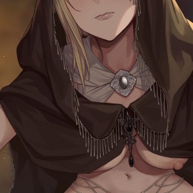 elden ring, fromsoftware, fia the deathbed companion, evan yang, blonde hair, blush, breasts out, cloak, deathbed smalls, female, female only, hair over one eye, hood, leaning forward, looking at viewer