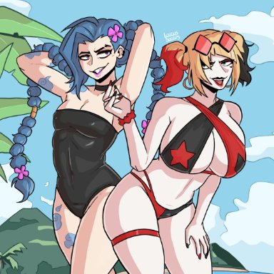 dc, dc comics, death battle, league of legends, riot games, harley quinn, jinx (league of legends), loggus doggus, 2girls, beach, bikini, blue hair, braid, braided hair, braided twintails