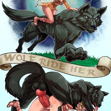 elfquest, dewshine, mrpenning, 1animal, 1girls, angry, anus, blonde hair, blue eyes, canine, canine penis, clothed, dagger, fangs, feral on human