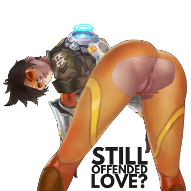 overwatch, overwatch 2, tracer, monorirogue, 1girls, ass, bent over, black hair, bodysuit, bomber jacket, dat ass, earclip, fat mons, female, female only