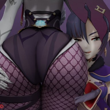 genshin impact, mona (genshin impact), rosaria (genshin impact), kishi, kishi3d, ass, ass focus, ass grab, ass worship, big ass, butt crack, licking lips, presenting, presenting hindquarters, showing off