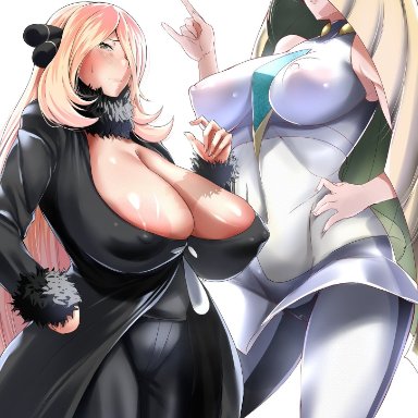 pokemon, pokemon dppt, pokemon sm, cynthia (pokemon), lusamine (pokemon), nusmusbim ss, 2girls, big breasts, black dress, black eyes, blonde hair, blush, bottomwear, cleavage, clothing