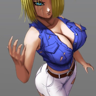 dragon ball, dragon ball z, android 18, novasayajingoku, 1girls, blonde hair, blue eyes, breasts, cleavage, female, female only, hair over one eye, large breasts, looking at viewer, solo