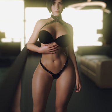 resident evil, ada wong, rude frog, 1girls, black hair, breasts, brown eyes, cleavage, female, female only, large breasts, looking at viewer, solo, thighs, wide hips