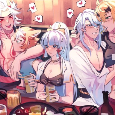 genshin impact, arataki itto, gorou (genshin impact), kamisato ayaka, kamisato ayato, thoma (genshin impact), cuppydraws, 1girls, 4boys, abs, alcohol, animal ears, awkward, beer, beer mug