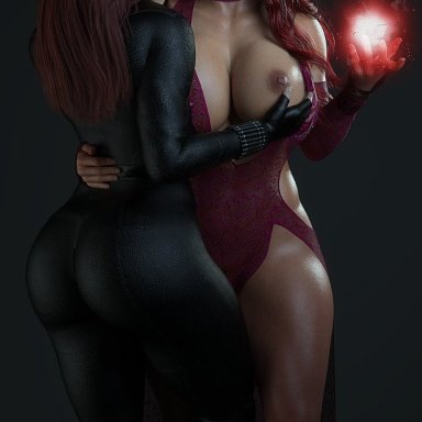 marvel, black widow (marvel), natasha romanoff, scarlet witch, wanda maximoff, erotichris, 2girls, ass, bodysuit, breast grab, breasts, female, female only, large breasts, multicolored hair