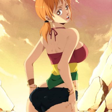 one piece, one piece: strong world, nami, stayaliveplz, 1girls, ass, ass cheeks, big breasts, breasts, brown eyes, curvy, female, female only, orange hair, rocks