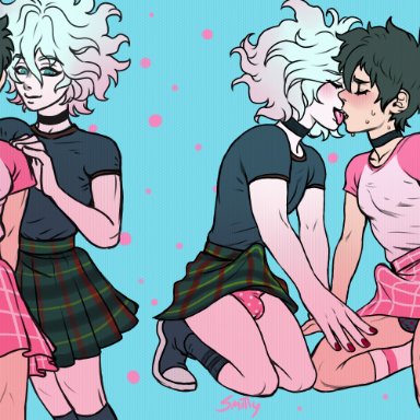 danganronpa, danganronpa 2: goodbye despair, hinata hajime, nagito komaeda, ren valentine, 2boys, blush, bulge, crossdressing, embarrassed, femboy, gay, kissing, male, male/male